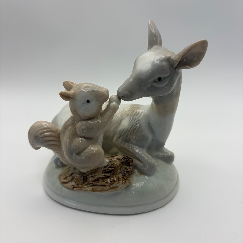 Vintage UDC Taiwan Porcelain Deer and Squirrel Figurine Grey Tan Glazed Ceramic